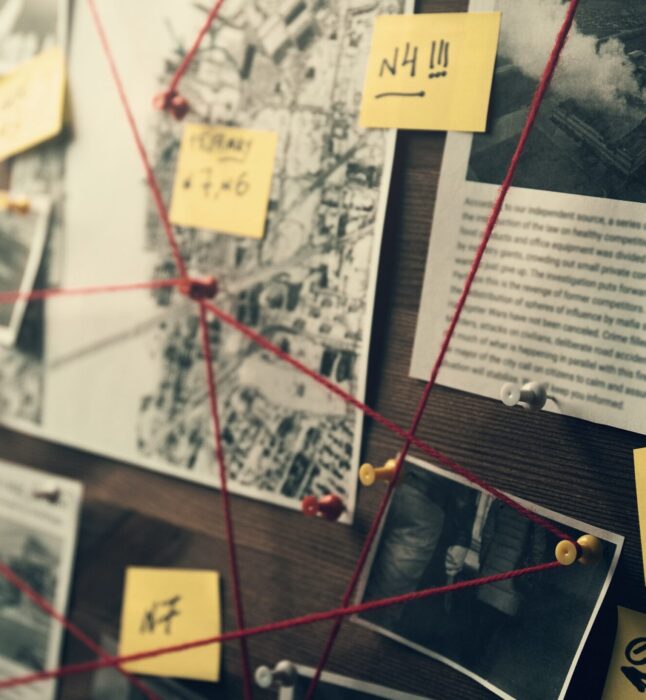 Detective board with photos of suspected criminals, crime scenes and evidence with red threads, selective focus, retro toned
