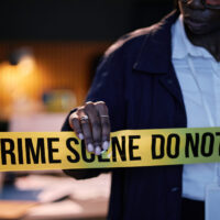 Police officer seen adjusting crime scene tape during a late-night investigation while reviewing evidence on table. Officer wearing professional uniform and badge visible