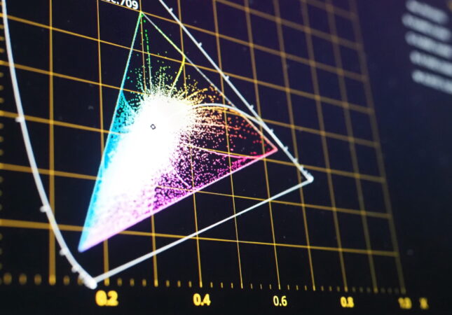Color grading graph or RGB colour correction indicator on monitor in post production process. Telecine stage in video or film production processing. for colorist edit or adjust color on digital movie.
